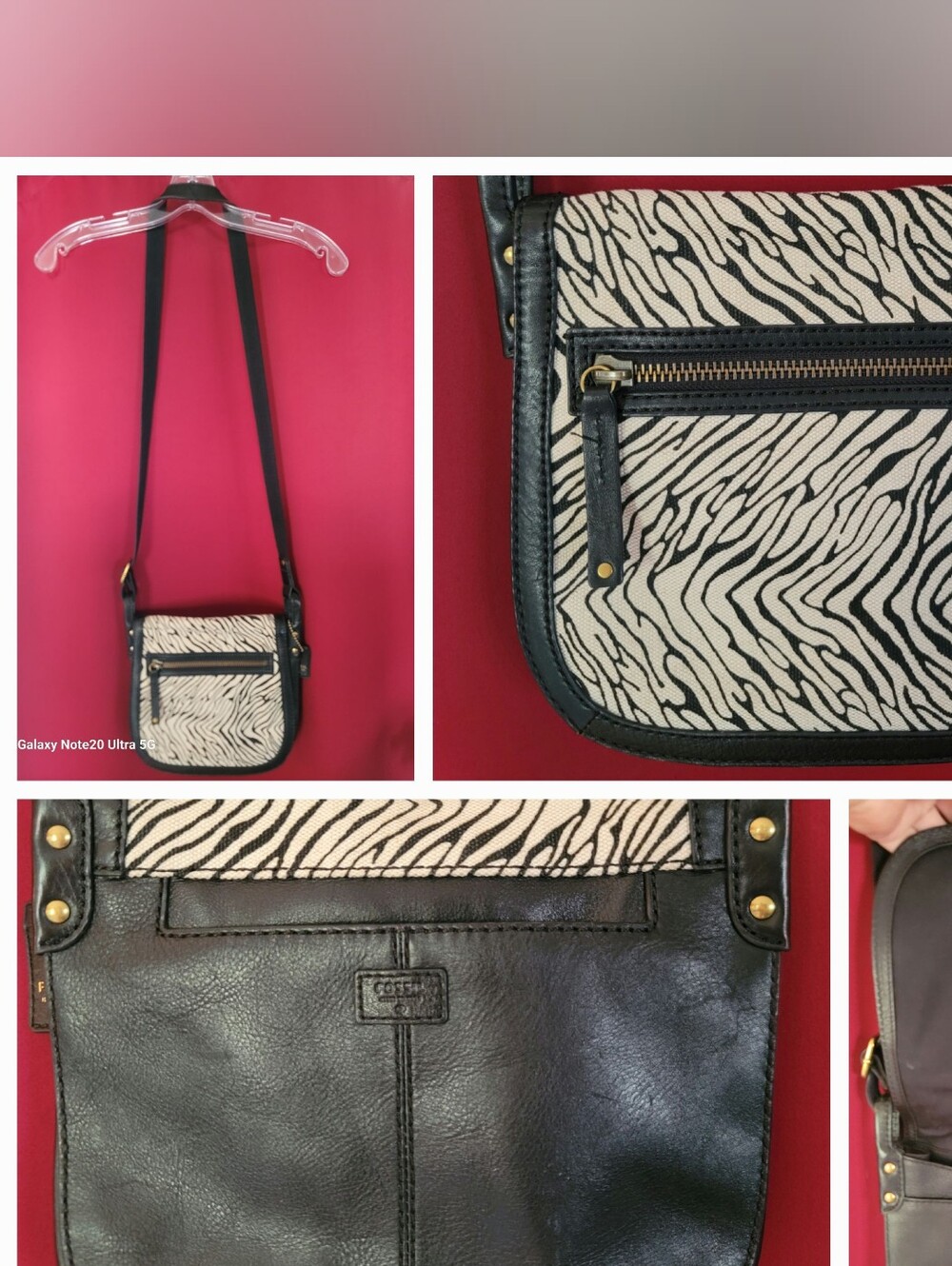 Fossil Legacy Vintage Zebra Print Leather & Canvas Crossbody Bag Purse